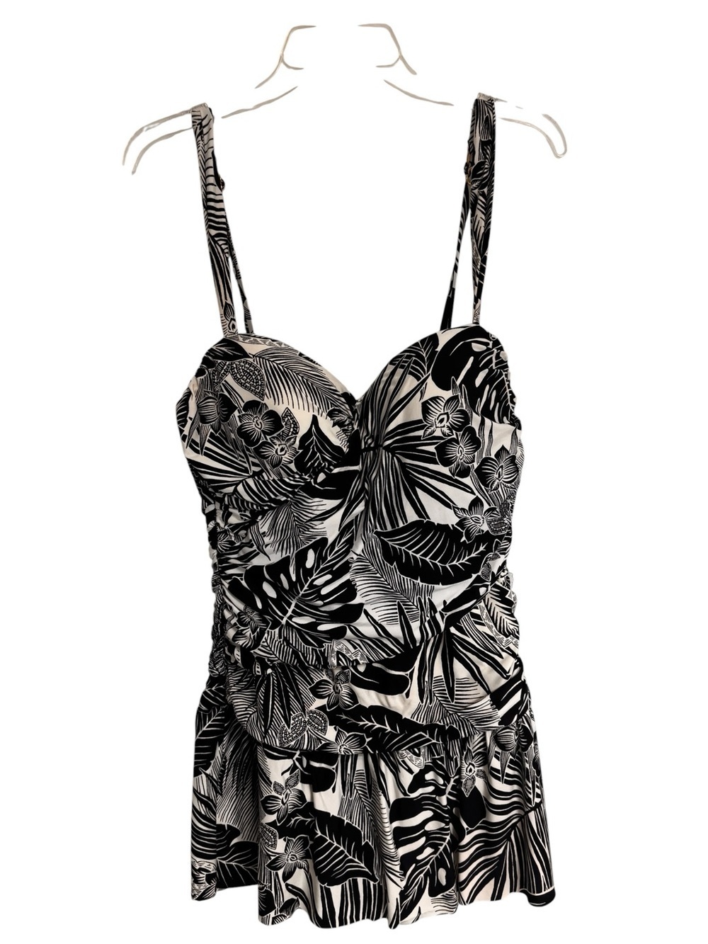 Jantzen Womens Swim Dress Swimsuit Size 14 Shirred Flounce Tropical Black White